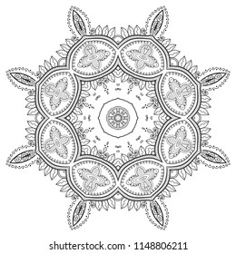 Mandala isolated design element, geometric line pattern. Stylized floral round ornament. Zen doodle art, monochrome sketch for coloring book page, textile fabric print. Black and white illustration