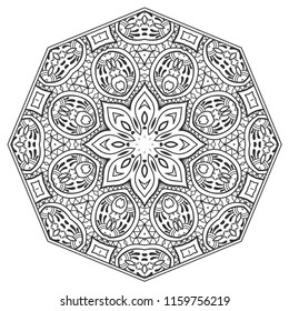 Mandala isolated design element, geometric line pattern. Stylized floral round ornament. Zen doodle art, monochrome sketch for coloring book page, textile fabric print. Black and white illustration