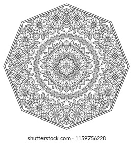 Mandala isolated design element, geometric line pattern. Stylized floral round ornament. Zen doodle art, monochrome sketch for coloring book page, textile fabric print. Black and white illustration