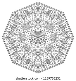 Mandala isolated design element, geometric line pattern. Stylized floral round ornament. Zen doodle art, monochrome sketch for coloring book page, textile fabric print. Black and white illustration