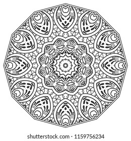 Mandala isolated design element, geometric line pattern. Stylized floral round ornament. Zen doodle art, monochrome sketch for coloring book page, textile fabric print. Black and white illustration