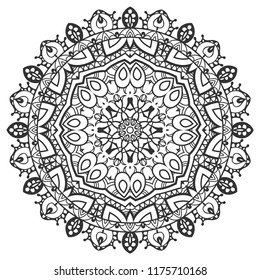 Mandala isolated design element, geometric line pattern. Stylized floral round ornament. Zen doodle art, monochrome sketch for coloring book page, textile fabric print. Black and white illustration