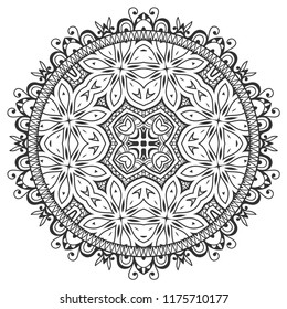 Mandala isolated design element, geometric line pattern. Stylized floral round ornament. Zen doodle art, monochrome sketch for coloring book page, textile fabric print. Black and white illustration