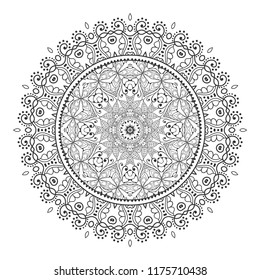 Mandala isolated design element, geometric line pattern. Stylized floral round ornament. Zen doodle art, monochrome sketch for coloring book page, textile fabric print. Black and white illustration
