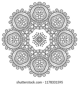 Mandala isolated design element, geometric line pattern. Stylized floral round ornament. Zen doodle art, monochrome sketch for coloring book page, textile fabric print. Black and white illustration