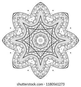 Mandala isolated design element, geometric line pattern. Stylized floral round ornament. Zen doodle art, monochrome sketch for coloring book page, textile fabric print. Black and white illustration