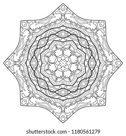 Mandala isolated design element, geometric line pattern. Stylized floral round ornament. Zen doodle art, monochrome sketch for coloring book page, textile fabric print. Black and white illustration