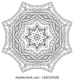 Mandala isolated design element, geometric line pattern. Stylized floral round ornament. Zen doodle art, monochrome sketch for coloring book page, textile fabric print. Black and white illustration