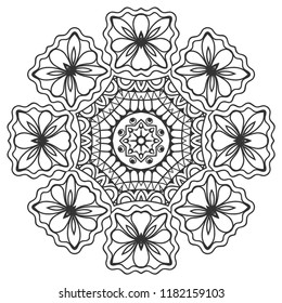 Mandala isolated design element, geometric line pattern. Stylized floral round ornament. Zen doodle art, monochrome sketch for coloring book page, textile fabric print. Black and white illustration