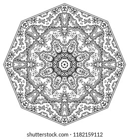 Mandala isolated design element, geometric line pattern. Stylized floral round ornament. Zen doodle art, monochrome sketch for coloring book page, textile fabric print. Black and white illustration