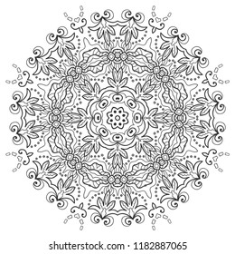 Mandala isolated design element, geometric line pattern. Stylized floral round ornament. Zen doodle art, monochrome sketch for coloring book page, textile fabric print. Black and white illustration