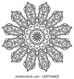 Mandala isolated design element, geometric line pattern. Stylized floral round ornament. Zen doodle art, monochrome sketch for coloring book page, textile fabric print. Black and white illustration