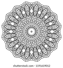 Mandala isolated design element, geometric line pattern. Stylized floral round ornament. Zen doodle art, monochrome sketch for coloring book page, textile fabric print. Black and white illustration