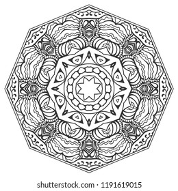 Mandala isolated design element, geometric line pattern. Stylized floral round ornament. Zen doodle art, monochrome sketch for coloring book page, textile fabric print. Black and white illustration