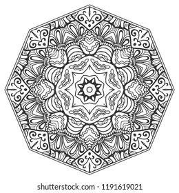 Mandala isolated design element, geometric line pattern. Stylized floral round ornament. Zen doodle art, monochrome sketch for coloring book page, textile fabric print. Black and white illustration