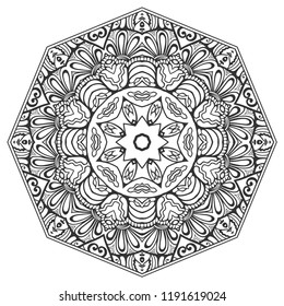 Mandala isolated design element, geometric line pattern. Stylized floral round ornament. Zen doodle art, monochrome sketch for coloring book page, textile fabric print. Black and white illustration