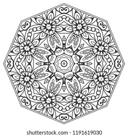 Mandala isolated design element, geometric line pattern. Stylized floral round ornament. Zen doodle art, monochrome sketch for coloring book page, textile fabric print. Black and white illustration