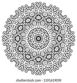 Mandala isolated design element, geometric line pattern. Stylized floral round ornament. Zen doodle art, monochrome sketch for coloring book page, textile fabric print. Black and white illustration