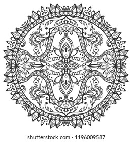 Mandala isolated design element, geometric line pattern. Stylized floral round ornament. Zen doodle art, monochrome sketch for coloring book page, textile fabric print. Black and white illustration