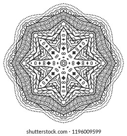 Mandala isolated design element, geometric line pattern. Stylized floral round ornament. Zen doodle art, monochrome sketch for coloring book page, textile fabric print. Black and white illustration