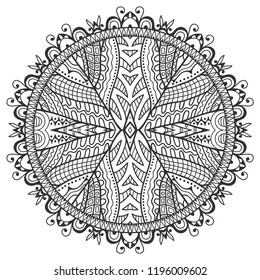 Mandala isolated design element, geometric line pattern. Stylized floral round ornament. Zen doodle art, monochrome sketch for coloring book page, textile fabric print. Black and white illustration