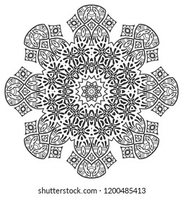 Mandala isolated design element, geometric line pattern. Stylized floral round ornament. Zen doodle art, monochrome sketch for coloring book page, textile fabric print. Black and white illustration