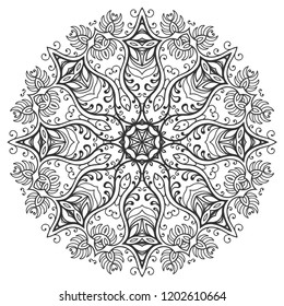 Mandala isolated design element, geometric line pattern. Stylized floral round ornament. Zen doodle art, monochrome sketch for coloring book page, textile fabric print. Black and white illustration