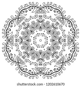 Mandala isolated design element, geometric line pattern. Stylized floral round ornament. Zen doodle art, monochrome sketch for coloring book page, textile fabric print. Black and white illustration