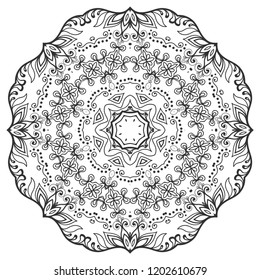Mandala isolated design element, geometric line pattern. Stylized floral round ornament. Zen doodle art, monochrome sketch for coloring book page, textile fabric print. Black and white illustration