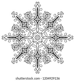 Mandala isolated design element, geometric line pattern. Stylized floral round ornament. Zen doodle art, monochrome sketch for coloring book page, textile fabric print. Black and white illustration