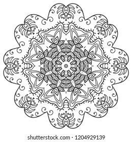 Mandala isolated design element, geometric line pattern. Stylized floral round ornament. Zen doodle art, monochrome sketch for coloring book page, textile fabric print. Black and white illustration