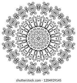 Mandala isolated design element, geometric line pattern. Stylized floral round ornament. Zen doodle art, monochrome sketch for coloring book page, textile fabric print. Black and white illustration