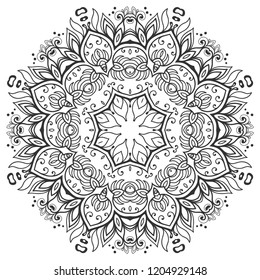 Mandala isolated design element, geometric line pattern. Stylized floral round ornament. Zen doodle art, monochrome sketch for coloring book page, textile fabric print. Black and white illustration