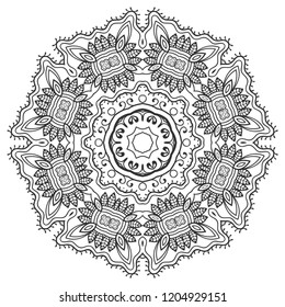 Mandala isolated design element, geometric line pattern. Stylized floral round ornament. Zen doodle art, monochrome sketch for coloring book page, textile fabric print. Black and white illustration