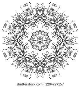 Mandala isolated design element, geometric line pattern. Stylized floral round ornament. Zen doodle art, monochrome sketch for coloring book page, textile fabric print. Black and white illustration
