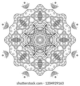 Mandala isolated design element, geometric line pattern. Stylized floral round ornament. Zen doodle art, monochrome sketch for coloring book page, textile fabric print. Black and white illustration