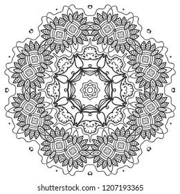 Mandala isolated design element, geometric line pattern. Stylized floral round ornament. Zen doodle art, monochrome sketch for coloring book page, textile fabric print. Black and white illustration