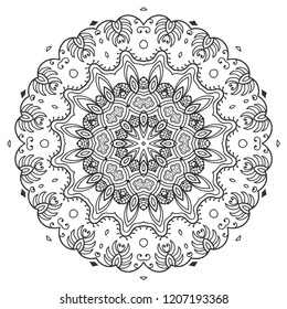 Mandala isolated design element, geometric line pattern. Stylized floral round ornament. Zen doodle art, monochrome sketch for coloring book page, textile fabric print. Black and white illustration
