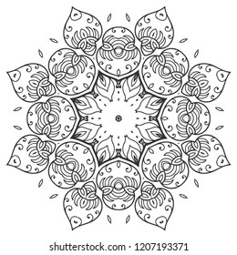 Mandala isolated design element, geometric line pattern. Stylized floral round ornament. Zen doodle art, monochrome sketch for coloring book page, textile fabric print. Black and white illustration