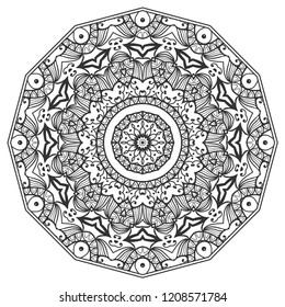 Mandala isolated design element, geometric line pattern. Stylized floral round ornament. Zen doodle art, monochrome sketch for coloring book page, textile fabric print. Black and white illustration