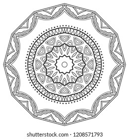 Mandala isolated design element, geometric line pattern. Stylized floral round ornament. Zen doodle art, monochrome sketch for coloring book page, textile fabric print. Black and white illustration