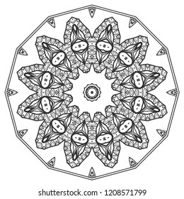 Mandala isolated design element, geometric line pattern. Stylized floral round ornament. Zen doodle art, monochrome sketch for coloring book page, textile fabric print. Black and white illustration