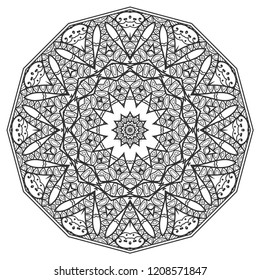 Mandala isolated design element, geometric line pattern. Stylized floral round ornament. Zen doodle art, monochrome sketch for coloring book page, textile fabric print. Black and white illustration