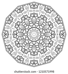 Mandala isolated design element, geometric line pattern. Stylized floral round ornament. Zen doodle art, monochrome sketch for coloring book page, textile fabric print. Black and white illustration