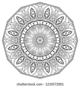 Mandala isolated design element, geometric line pattern. Stylized floral round ornament. Zen doodle art, monochrome sketch for coloring book page, textile fabric print. Black and white illustration