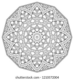 Mandala isolated design element, geometric line pattern. Stylized floral round ornament. Zen doodle art, monochrome sketch for coloring book page, textile fabric print. Black and white illustration