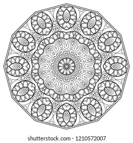 Mandala isolated design element, geometric line pattern. Stylized floral round ornament. Zen doodle art, monochrome sketch for coloring book page, textile fabric print. Black and white illustration