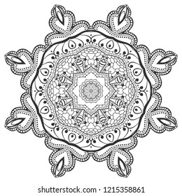 Mandala isolated design element, geometric line pattern. Stylized floral round ornament. Zen doodle art, monochrome sketch for coloring book page, textile fabric print. Black and white illustration