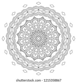 Mandala isolated design element, geometric line pattern. Stylized floral round ornament. Zen doodle art, monochrome sketch for coloring book page, textile fabric print. Black and white illustration