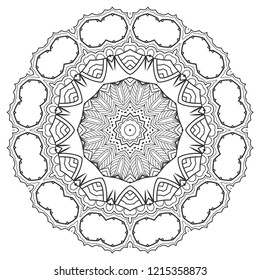 Mandala isolated design element, geometric line pattern. Stylized floral round ornament. Zen doodle art, monochrome sketch for coloring book page, textile fabric print. Black and white illustration